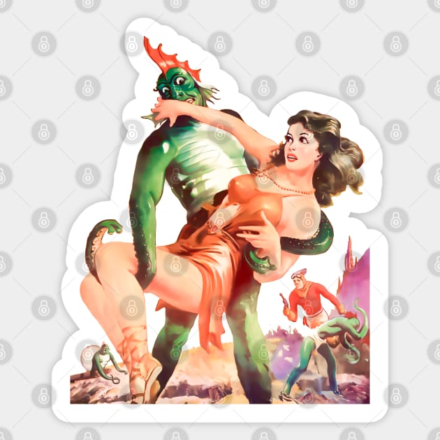 Beautiful pin up brunette from space is abducted by an alien on a distant planet Comic Retro Vintage Sticker by REVISTANGO